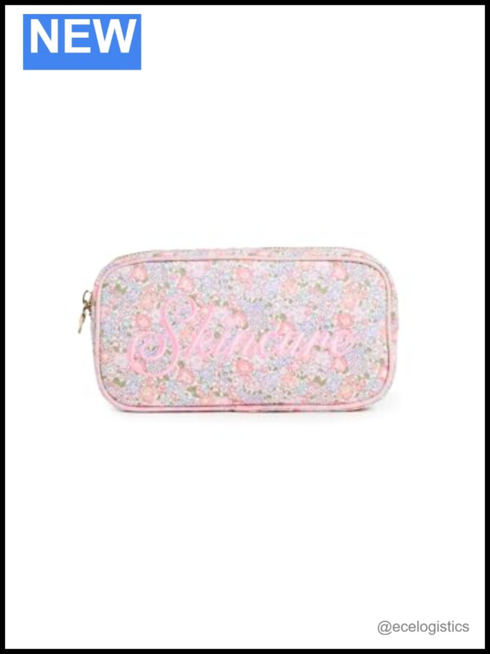 Floral Skincare Pouch with Gold-Tone Hardware and Embroidered Lettering